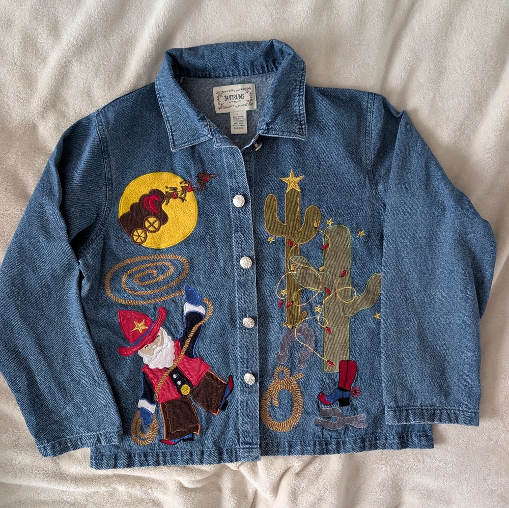 Unique Western Style Santa Denim Jacket - Ugly Christmas